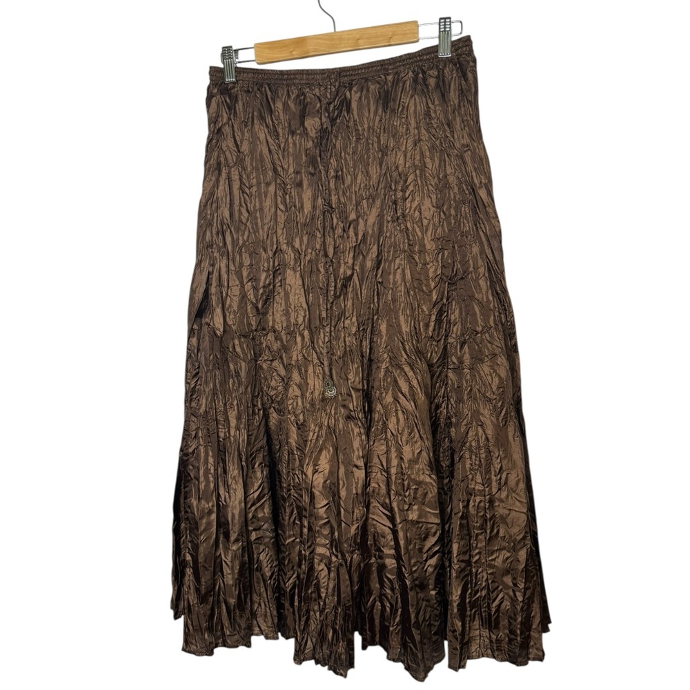 VTG Edward Women Silk Crinkle Maxi Skirt Sz S Brown Grunge Gothic Elastic Waist